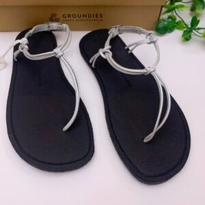 Groundies Barefoot Amalfi Silver Black Sandals‎ Size 9